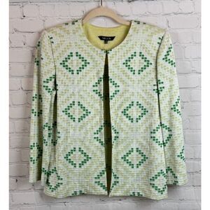 MISOOK green white beige check knit 3/4 sleeve cardigan blazer size XS NWOT